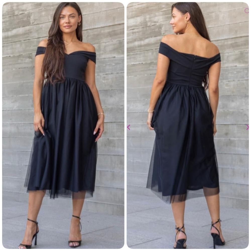 New NWT Molly Green Tulle Off-Shoulder Natalie Black Midi Dress Medium M